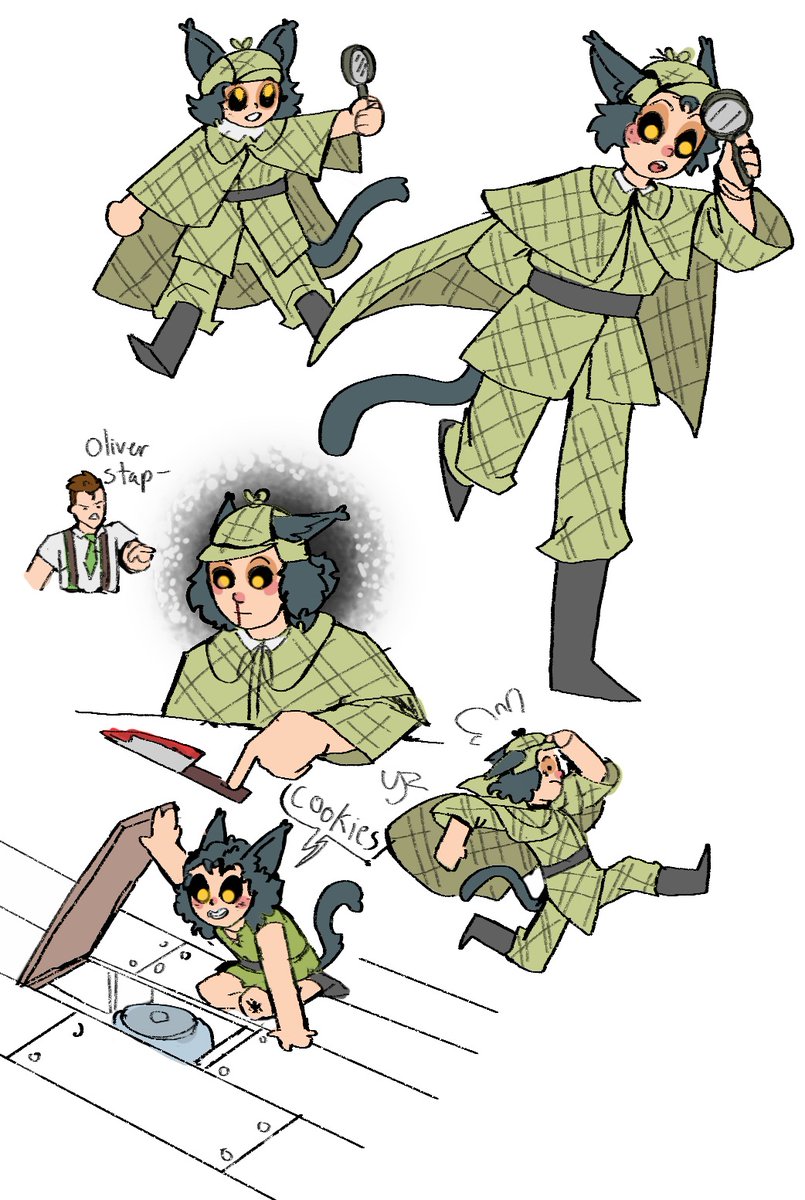 Small cat boy detective. using spooky habilities to solve crimes- that totally won't make his head explode. ahah
art...