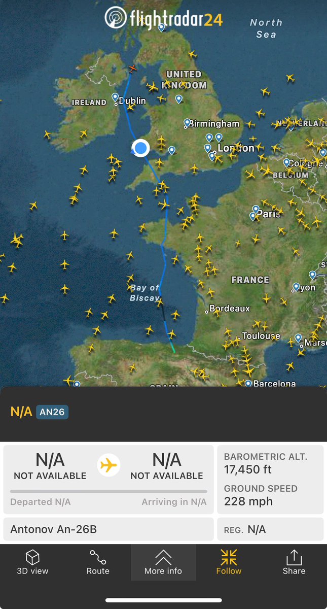 mudgie77's tweet photo. @flightradar24 interesting to see a Antonov an-26B flying up from Spain across the uk, following the Irish Sea and up to Scotland so late at night. Flew over the house, very loud and noticeable rumble. Wonder what it’s up to ? https://t.co/ia9Z9jN5sL