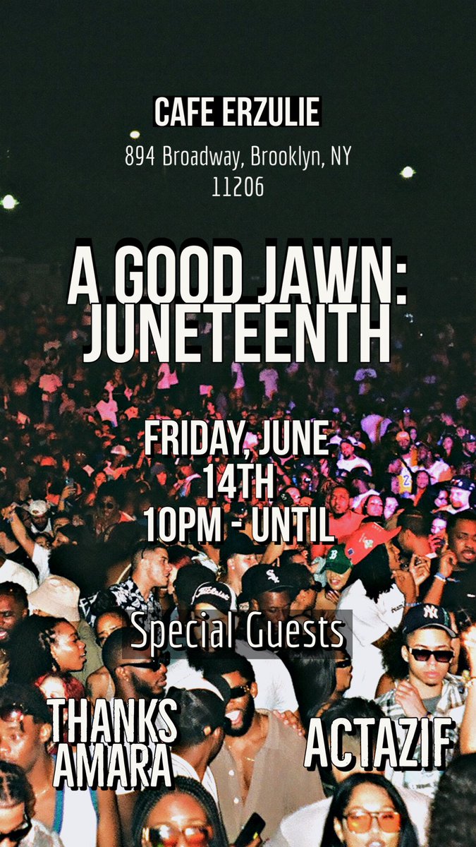 I’m Still Not Back (@corytownes) on Twitter photo If you’re looking for a party that everyone can have fun and dance until they sway, I got one for you.
A Good Jawn Juneteenth, live from the <a href="/CafeErzulie/">Cafe Erzulie</a> yard, this Friday 10-until, featuring guest selectors <a href="/thanksamara/">thanks.amara</a> and ActAzIf.
Presale tickets: T.ly/AFZVj If you’re looking for a party that everyone can have fun and dance until they sway, I got one for you.
A Good Jawn Juneteenth, live from the <a href="/CafeErzulie/">Cafe Erzulie</a> yard, this Friday 10-until, featuring guest selectors <a href="/thanksamara/">thanks.amara</a> and ActAzIf.
Presale tickets: T.ly/AFZVj