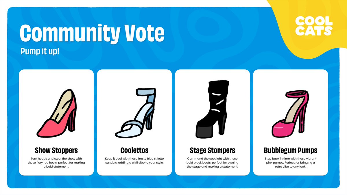 coolcats's tweet photo. Trying to leave a lasting impression? 👠

Holders, head over to the Product Updates channel in our Discord to vote for the fiercest footwear! https://t.co/3S8QFI2nzG