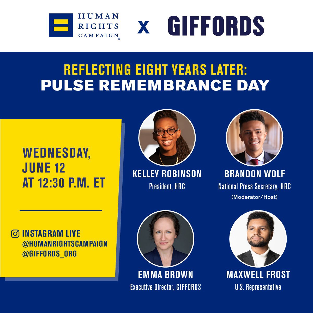 GIFFORDS (@giffords_org) on Twitter photo Tomorrow marks 8 years since the tragic mass shooting at Pulse Nightclub.
Join us for a conversation with our ED <a href="/Emma_S_Brown/">Emma Brown</a>, <a href="/HRC/">HRC</a>’s <a href="/bjoewolf/">Brandon Wolf</a> & <a href="/KelleyJRobinson/">Kelley Robinson</a>, and <a href="/MaxwellFrostFL/">Maxwell Alejandro Frost</a> about the impact Pulse had on the LGBTQ+ & Latine communities, and the fight to save lives. Tomorrow marks 8 years since the tragic mass shooting at Pulse Nightclub.
Join us for a conversation with our ED <a href="/Emma_S_Brown/">Emma Brown</a>, <a href="/HRC/">HRC</a>’s <a href="/bjoewolf/">Brandon Wolf</a> & <a href="/KelleyJRobinson/">Kelley Robinson</a>, and <a href="/MaxwellFrostFL/">Maxwell Alejandro Frost</a> about the impact Pulse had on the LGBTQ+ & Latine communities, and the fight to save lives.