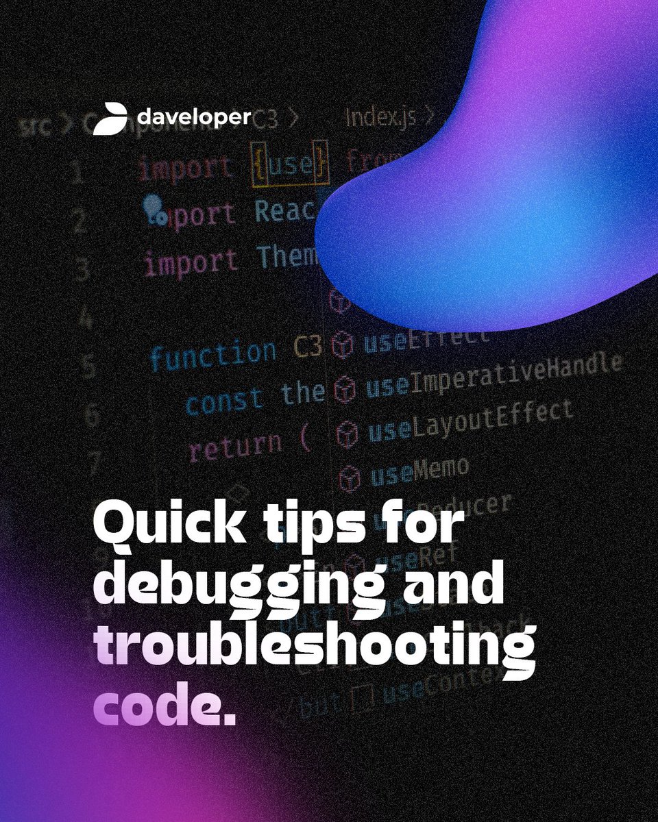 daveloperco's tweet image. Mastering Code Debugging: Check out these quick tips for efficient troubleshooting in software development! From print statements to version control, level up your debugging game with daveloper. 

#daveloper #inspiringthefuture #CodeDebugging #SoftwareDevelopment #TechTips