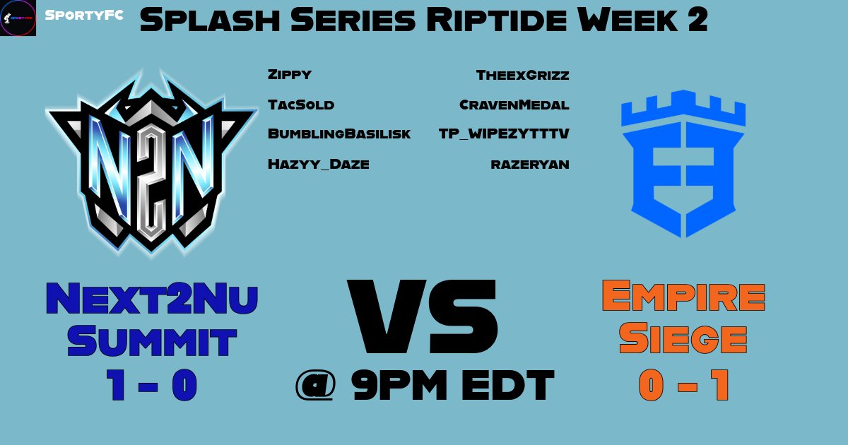 Simon "SportyFC" Price (@sportyfcrl) on Twitter photo The <a href="/RLSS_RL/">Rocket League Splash Series</a> Riptide Cup Returns ...
<a href="/Next2NuEsports/">Next2Nu Esports</a> Summit takes on Empire Siege The <a href="/RLSS_RL/">Rocket League Splash Series</a> Riptide Cup Returns ...
<a href="/Next2NuEsports/">Next2Nu Esports</a> Summit takes on Empire Siege