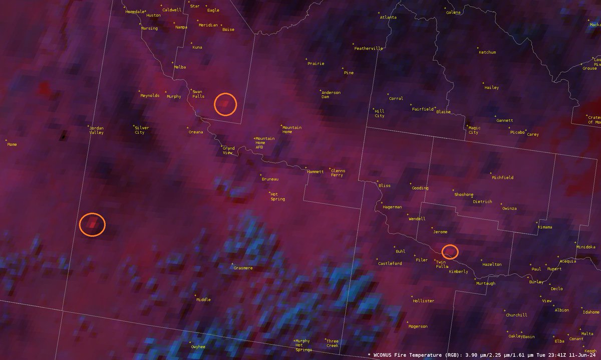 NWSBoise's tweet photo. 🔥GOES West Satellite has detected three small fires across southwest Idaho this evening. One in south Ada County, one south of Jordan Valley and one north of Twin Falls.  #idwx https://t.co/K4UJsMI1a3