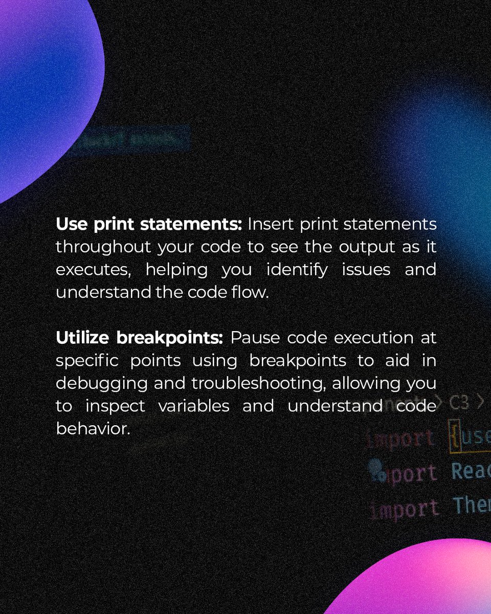 daveloperco's tweet image. Mastering Code Debugging: Check out these quick tips for efficient troubleshooting in software development! From print statements to version control, level up your debugging game with daveloper. 

#daveloper #inspiringthefuture #CodeDebugging #SoftwareDevelopment #TechTips