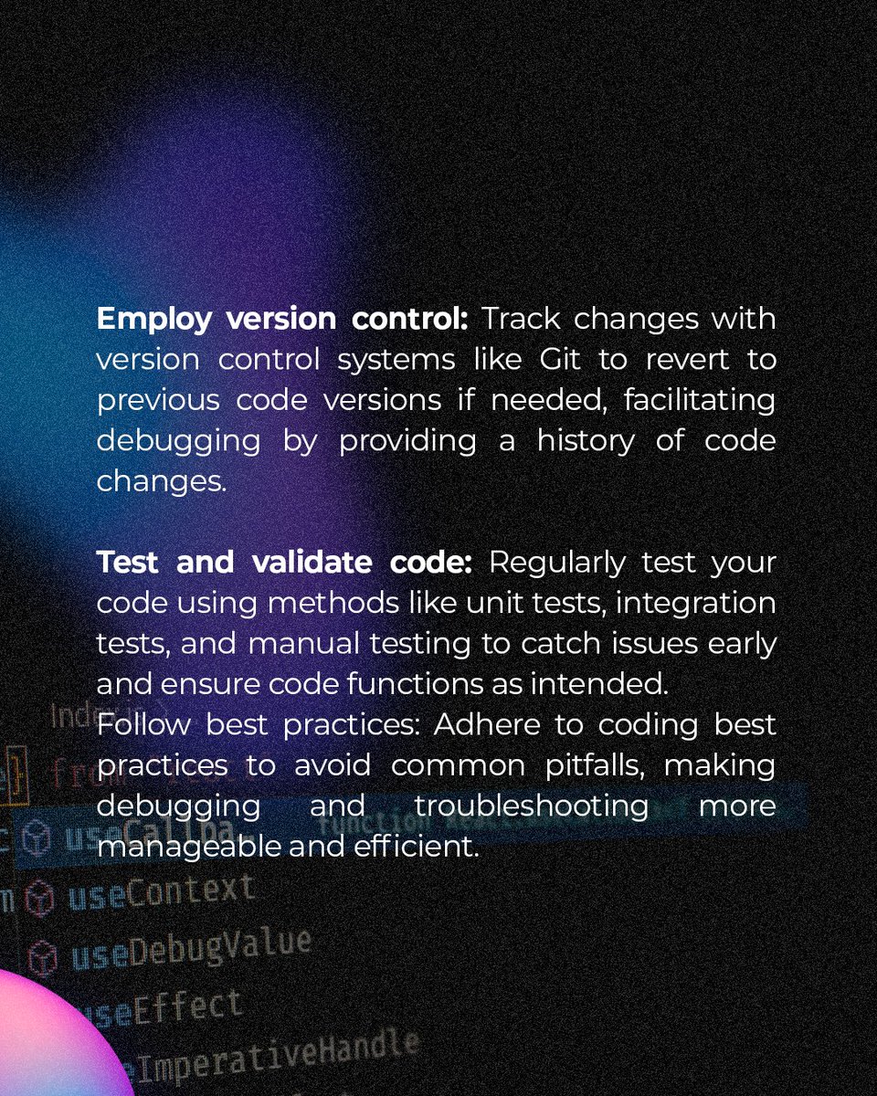 daveloperco's tweet image. Mastering Code Debugging: Check out these quick tips for efficient troubleshooting in software development! From print statements to version control, level up your debugging game with daveloper. 

#daveloper #inspiringthefuture #CodeDebugging #SoftwareDevelopment #TechTips