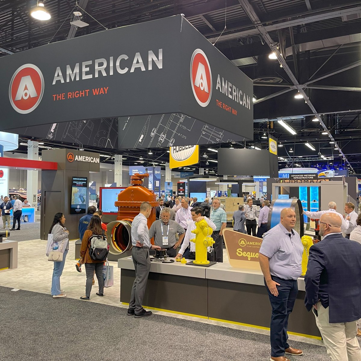 And that's a wrap on the first full day of awwa #ACE24! Thanks to all who stopped by to see us at Hall C, Exhibit 2334. We even had special guest Eddy stop by to check out our exhibit and our new SEQUOIA wet barrel hydrant. #waterinfrastructure #deliveringourmostvaluableresource
