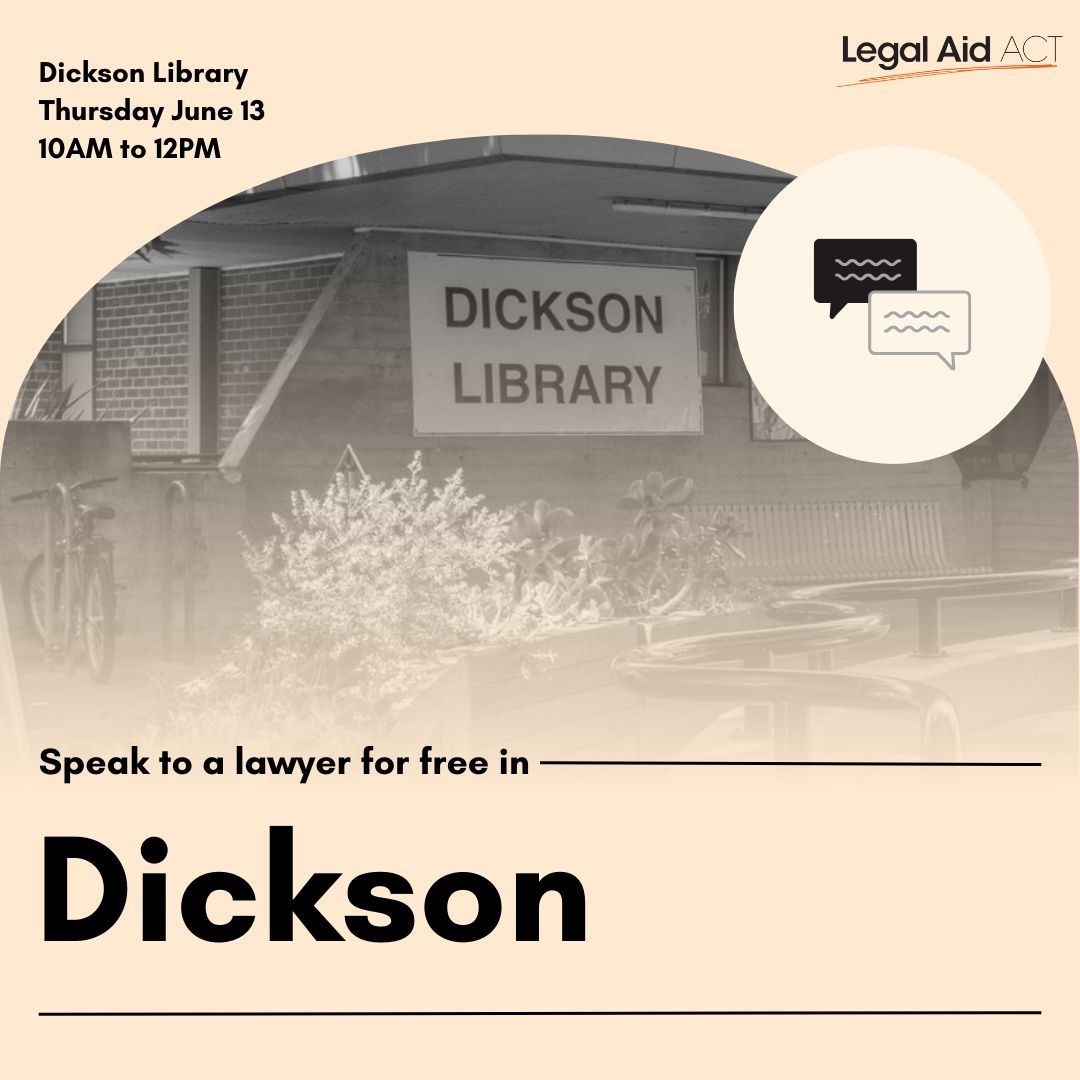 YLCACT's tweet image. Do you need legal advice?
Come speak to a @LegalAidACT lawyer at Dickson Library this Thursday for free.
No appointment needed!
If you need assistance now, call our Helpline on 1300 654 314