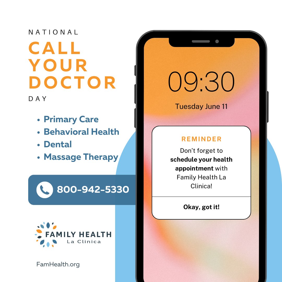 Don't forget to call and schedule your health appointment with Family Health La Clinica! Call 800-942-5330 for #primarycare #behavioralhealth #dental and #massagetherapy! 

#fhlcchc #NationalCallYourDoctorDay #beaverdamwi #mauston #friendship #wautoma