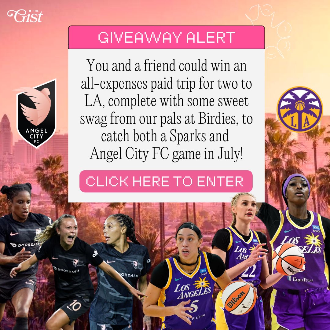 Contest Time! 🏀 ⚽️ 

Enter for FREE to win an all-expenses paid weekend trip for two to LA to watch the LA Sparks and Angel City FC!

Watch the Sparks take on the Aces in #WNBA action, then see Angel City and Gotham battle the next night in the #NWSL.

➡️ thegistsports.com/contest/la-wom…