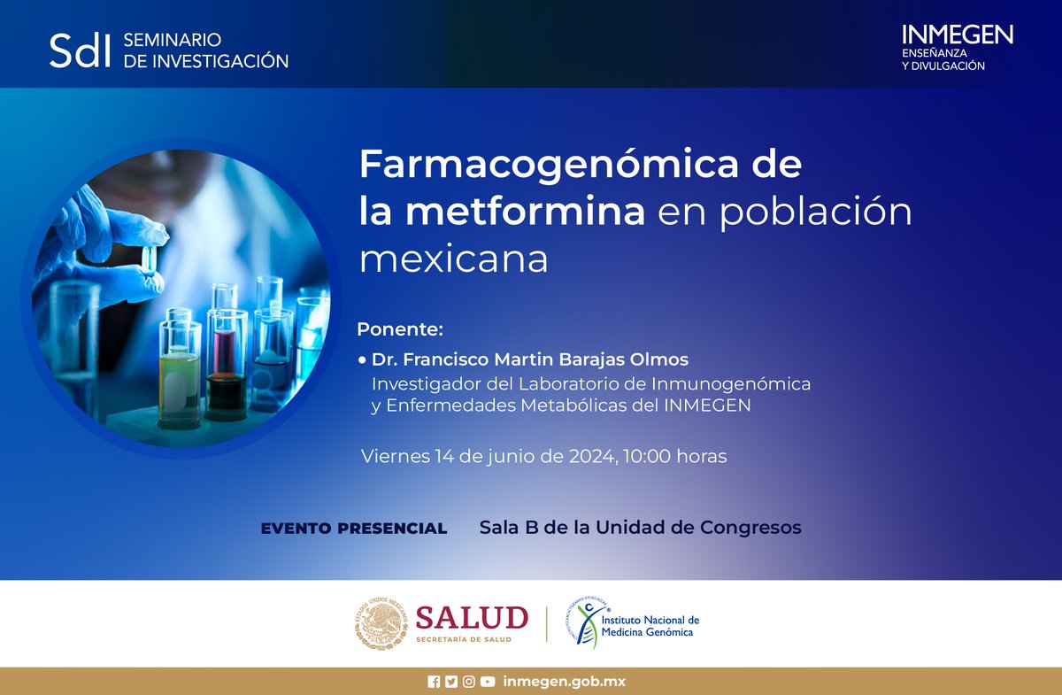 inmegen's tweet image. Seminario de investigación interno.- Farmacogenómica de la metformina en población mexicana
Ponente: Dr. Francisco Martín Barajas Olmos 

El Dr. Francisco colabora en la línea de investigación de Genómica de Enfermedades Metabólicas, conoce algunos de sus avances, esta semana.