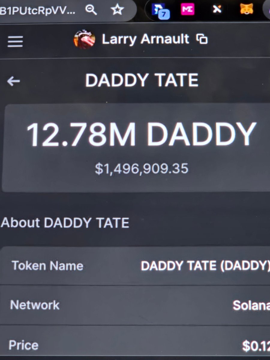 Larry Arnault (@arnaultwhale) on Twitter photo Wtf is going on !
I aped like $50,000 on $DADDY and after a day it's worth $1,500,000 ??
<a href="/Cobratate/">Andrew Tate</a> is literally just burning money and letting us win šš. Cant thank enough
As promised,
I will change someone's life sending 50 $SOL (~$7500) š«°
Just like, retweet and comment Wtf is going on !
I aped like $50,000 on $DADDY and after a day it's worth $1,500,000 ??
<a href="/Cobratate/">Andrew Tate</a> is literally just burning money and letting us win šš. Cant thank enough
As promised,
I will change someone's life sending 50 $SOL (~$7500) š«°
Just like, retweet and comment