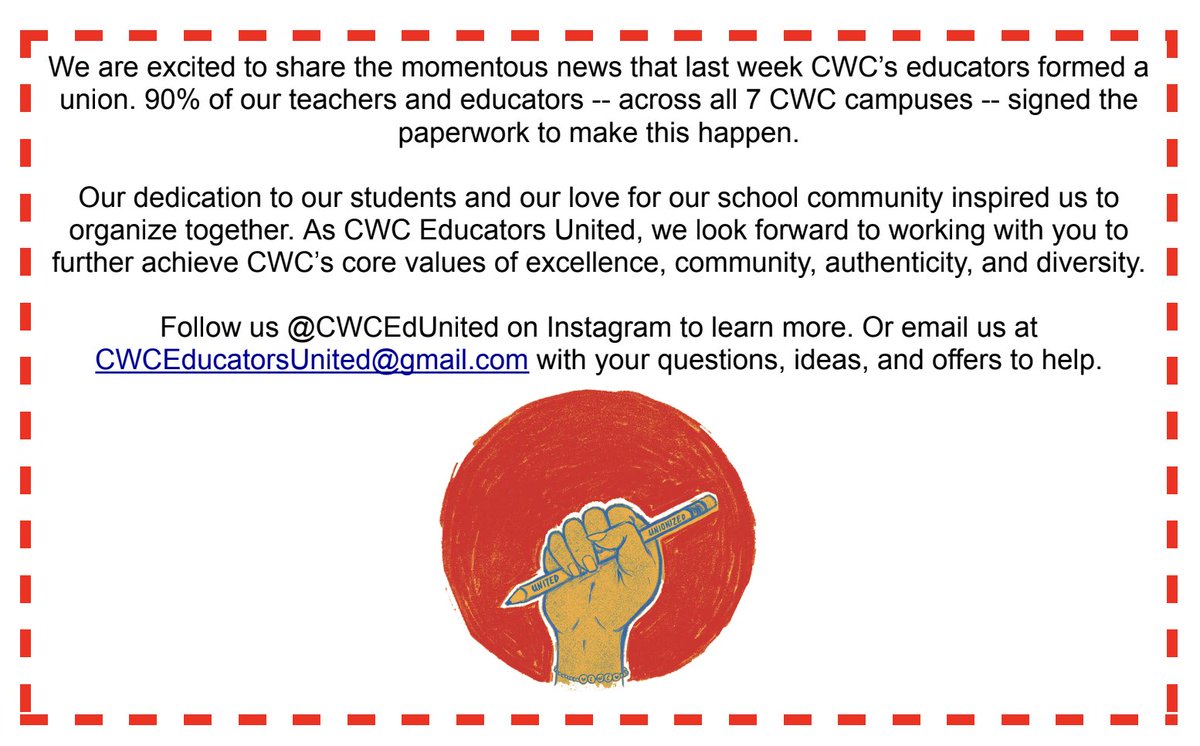 Big news out of Los Angeles! Last week Citizens of the World Charter Educators United educators formed a union. 90% of teachers and educators across all 7 CWC campuses have shared their support for joining the <a href="/UTLAnow/">United Teachers Los Angeles</a> &amp; <a href="/AFTunion/">AFT</a> family!