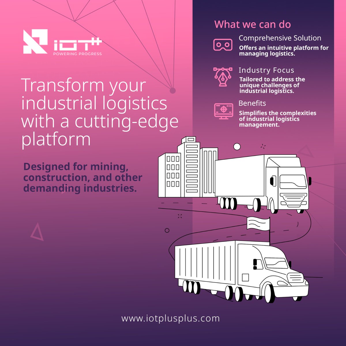 iotplusplus's tweet image. Discover the ultimate solution for managing logistics in mining, construction, and other demanding industries. Our state-of-the-art platform simplifies the complexities of industrial logistics, offering intuitive and tailored solutions to meet your unique challenges.