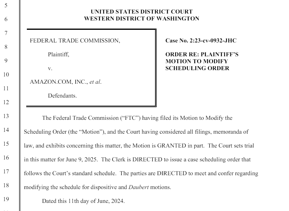 Swiftstories's tweet photo. The @FTC and @amazon just got a trial date one year out - June 9, 2025 - for their #darkpatterns trial in Seattle. #deceptivepatterns #ROSCA https://t.co/bLzq2FRLgL