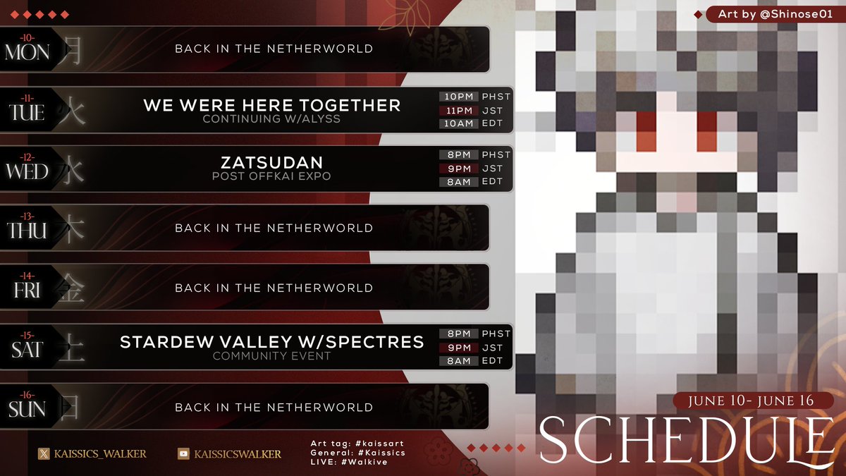 kaissics_walker's tweet photo. 『SCHEDULE』
10TH JUNE ~ 16TH JUNE
Sorry for the late stream schedule!
Too many things are going on T^T
Please take note that there may be changes made to the schedule!
See you during the streams!
#Vtuber #Vtubers #Kaissics #Walkive
