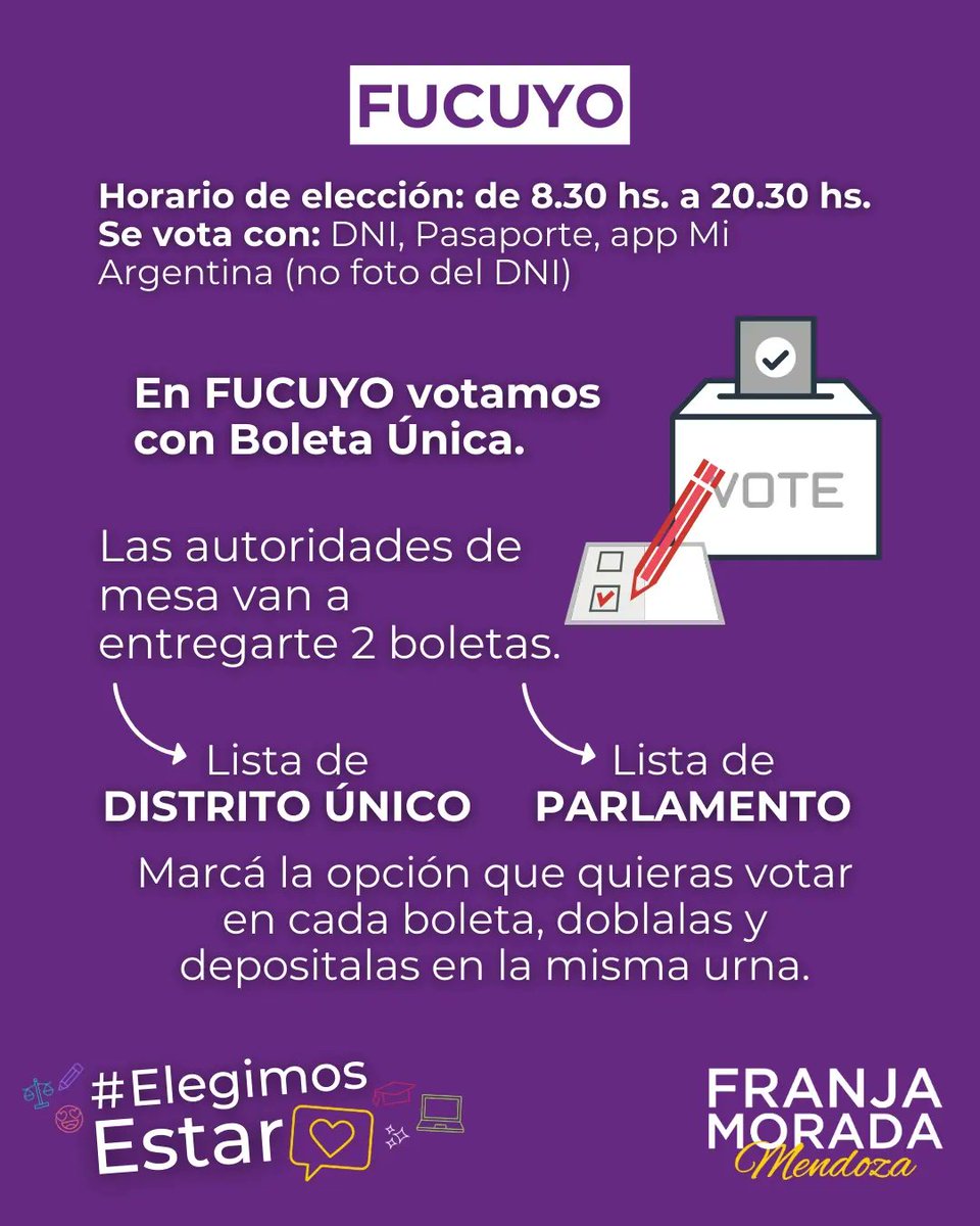 TU PARTICIPACIÓN ES IMPORTANTE 🙌🏼

📍Mañana son las elecciones de Consejos y de la <a href="/fucuyomendoza/">Federación Universitaria De Cuyo</a>💜

🤔 ¿Qué votamos y cómo? 👉🏼 Acá te recordamos horarios de votación y cómo vas a poder elegir a tus representantes en los Consejos y en la FUCUYO.

⚠️ ¡No te olvides tu DNI!