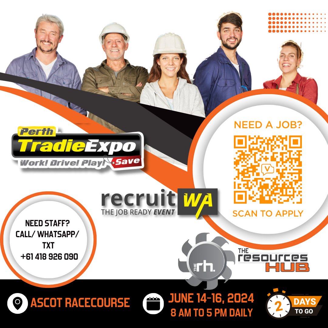 TheResourcesHub's tweet photo. ✌️ Only 2 days away! Finalise your plans to join us at Ascot Racecourse for a transformative expo experience! #PerthTradieExpo @TheResourcesHub https://t.co/qlaSXkInoz https://t.co/20fcPO0q8N