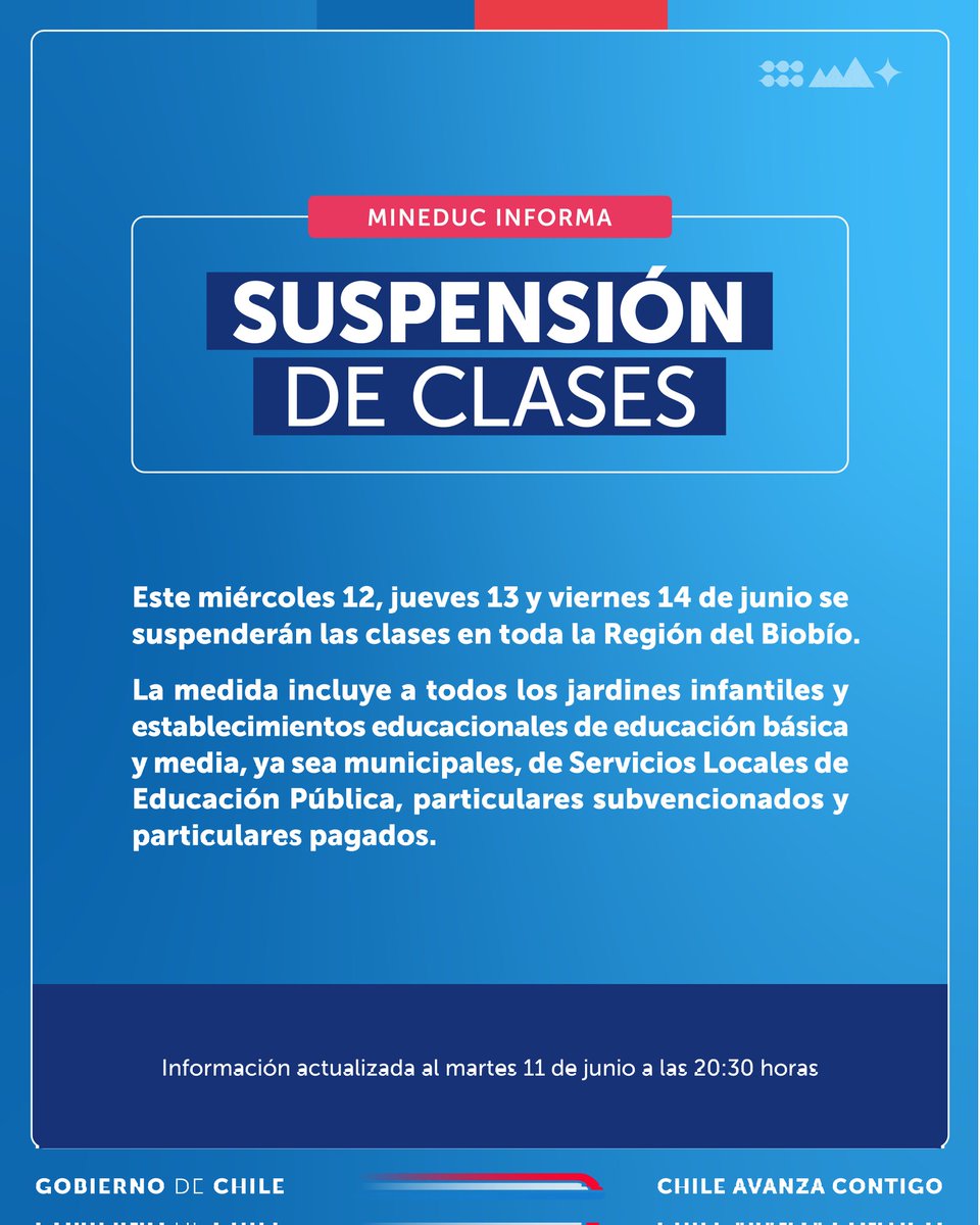 Se suspenden las clases en toda la Región del Biobío hasta el viernes 14 de junio. Esto incluye todos los jardines infantiles y establecimientos de educación básica y media.