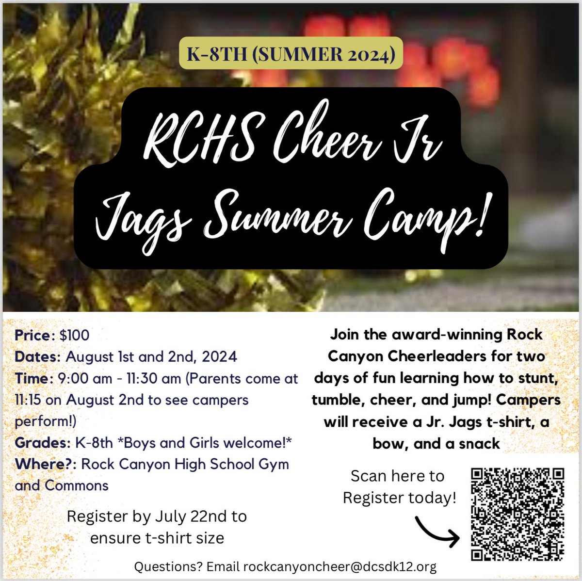 📣 Calling all Jr Jags! 📣 Sign up today for our summer Jr Jags Cheer Camp, August 1st and 2nd at Rock Canyon High School! Scan the QR code to get registered! Questions? Email RockCanyonCheer@dcsdk12.org!