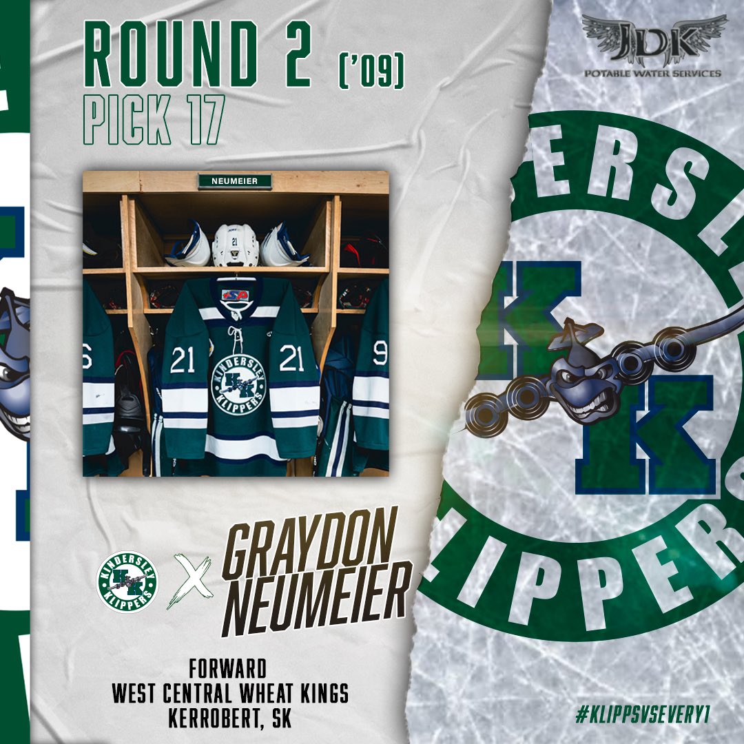 With the 17th overall pick (‘09) in the 2024 SJHL Draft the Iron Horse Kindersley Klippers are proud to select Forward and Kerrobert Native Graydon Neumeier from the West Central Wheat Kings.

Congratulations, Graydon and welcome to the Klippers family! ✈️

#SJHL |