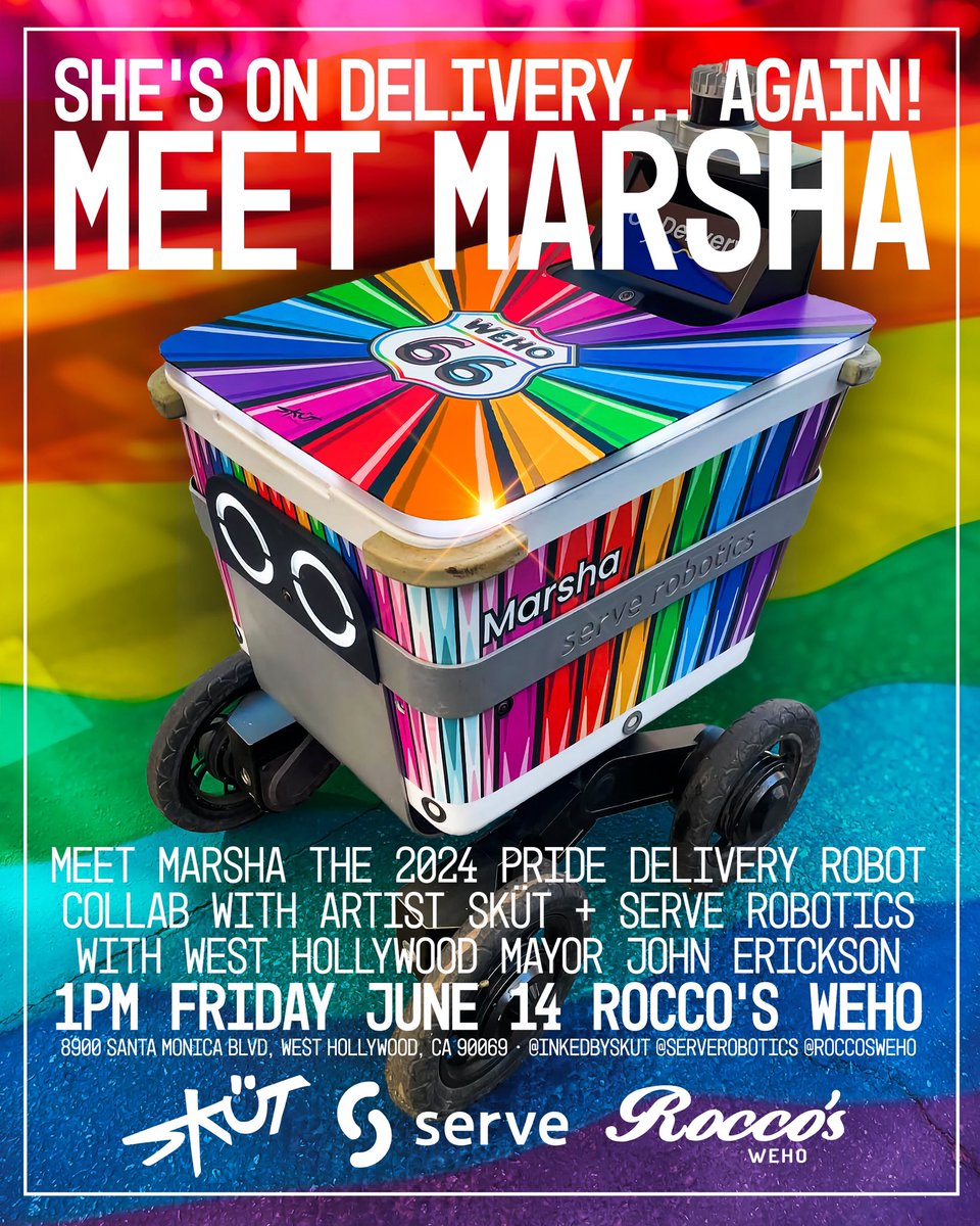 🤖🏳️‍🌈🎨🩷✨ She’s on delivery… Again! Meet Marsha #Pride delivery robot #art collab presented by @serverobotics &amp; artist <a href="/inkedbyskut/">Sküt</a> with <a href="/WeHoCity/">City of West Hollywood</a> Mayor @johnericksonwh Fri June 14 @ 1pm at Rocco’s #weho more info + invite here 📆👉 inkedbyskut.com/news/2024/6/11…