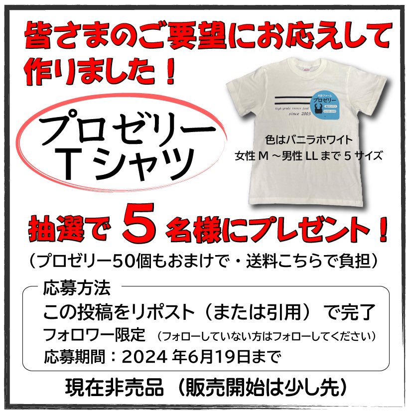 プロゼリーTシャツ作りました！
抽選で5名様にプレゼント！
●応募方法
このアカウントをフォロー
この投稿をリポスト（または引用）
●受付期間
6月19日まで

当選された方にはDMを送らせていただきます。
ご応募お待ちしております🙇