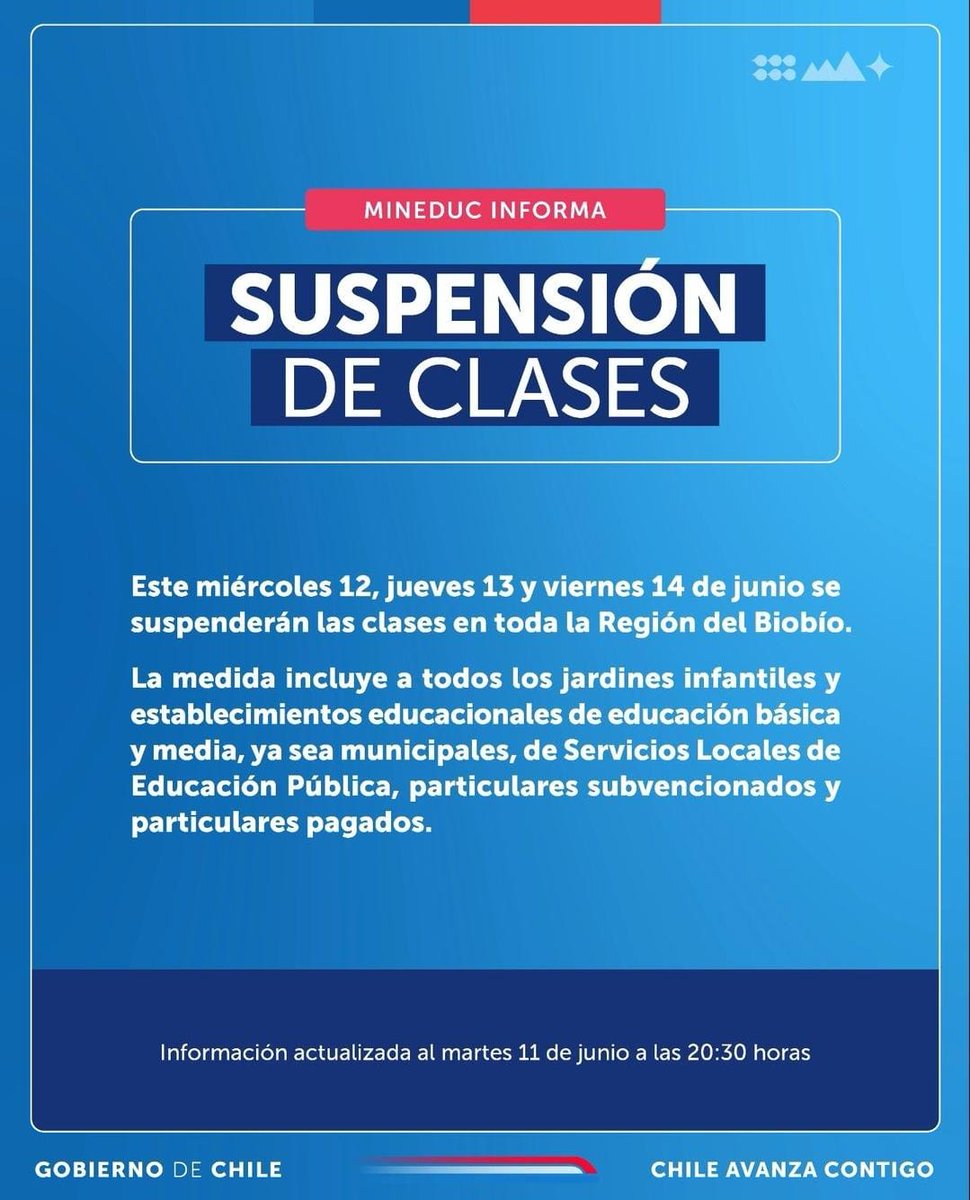 #Regiondelbiobio suspensión de clases en todos los niveles informados en imagen adjunta.