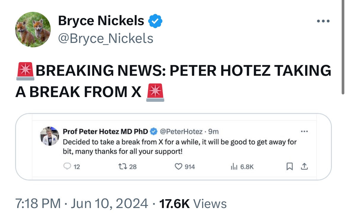 Rather than getting away from X, Dr. <a href="/PeterHotez/">Prof Peter Hotez MD PhD DSc(hon)</a> should “take a break” from his collaboration with CCP-PLA bioweapon researchers, including #COVID19  🦠 Drs. Lanying Du in <a href="/GeorgiaStateU/">Georgia State University</a>, Fang Li in University of Minnesota <a href="/UMNews/">University of Minnesota</a>, Shibo Jiang (now in Shanghai).
<a href="/Bryce_Nickels/">Bryce Nickels</a>