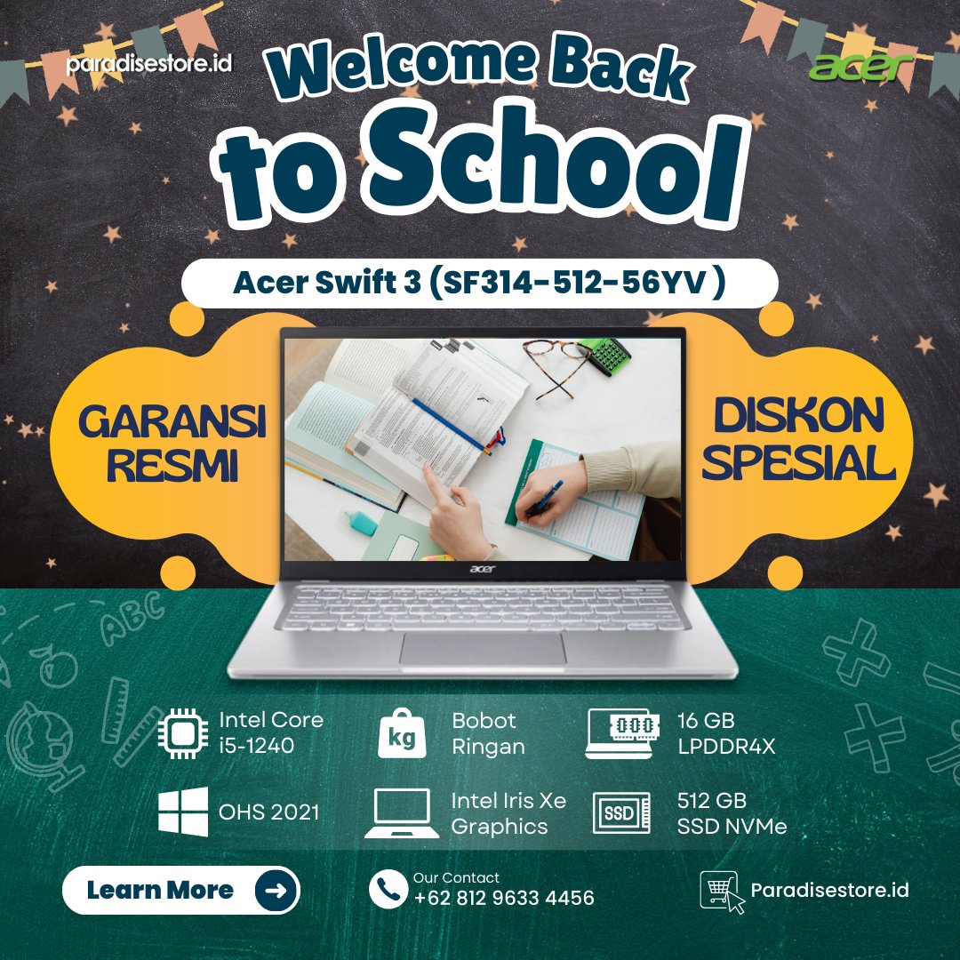 Welcome Back to School! 🎒📚

Bunda, cek Acer Swift 3 (SF314-512-56YV) di paradisestore.id! Laptop keren buat presentasi, Zoom, browsing, dan nonton film. Lagi ada promo spesial! 🛒✨ order di paradisestore.id ya

#BackToSchool #AcerSwift3 #PromoLaptop