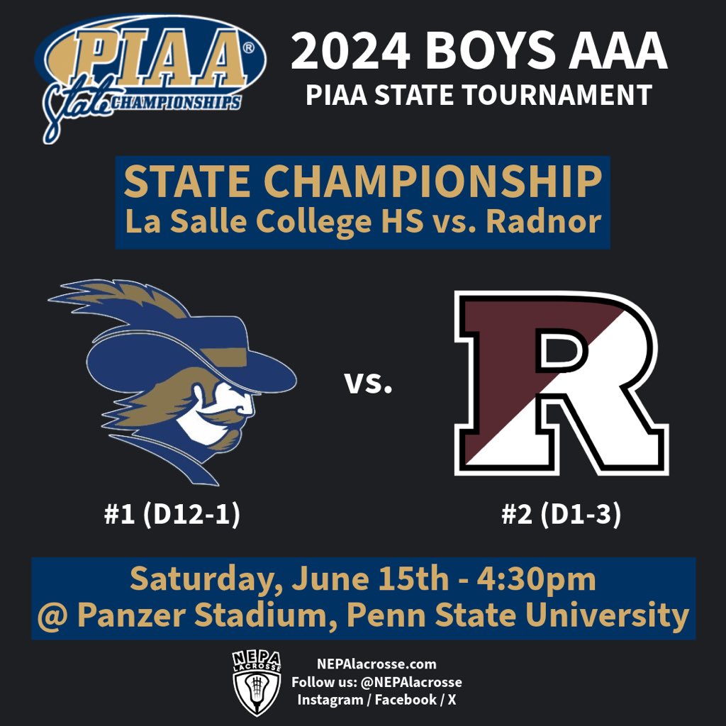🕺💃THE STAGE IS SET… 2024 PIAA STATE CHAMPIONSHIP MATCHUPS‼️

Saturday, June 15
Panzer Stadium @ PSU

10a - Girls AA Archbishop Carroll vs. Bishop Shanahan

12p - Boys AA <a href="/MNTigerLax/">Marple Newtown Mens Lacrosse</a> v @PlanetsLax

2:30p - Girls AAA Radnor v Conestoga

4:30p - Boys AAA <a href="/LaSalle_Sports/">La Salle Sports</a> v Radnor