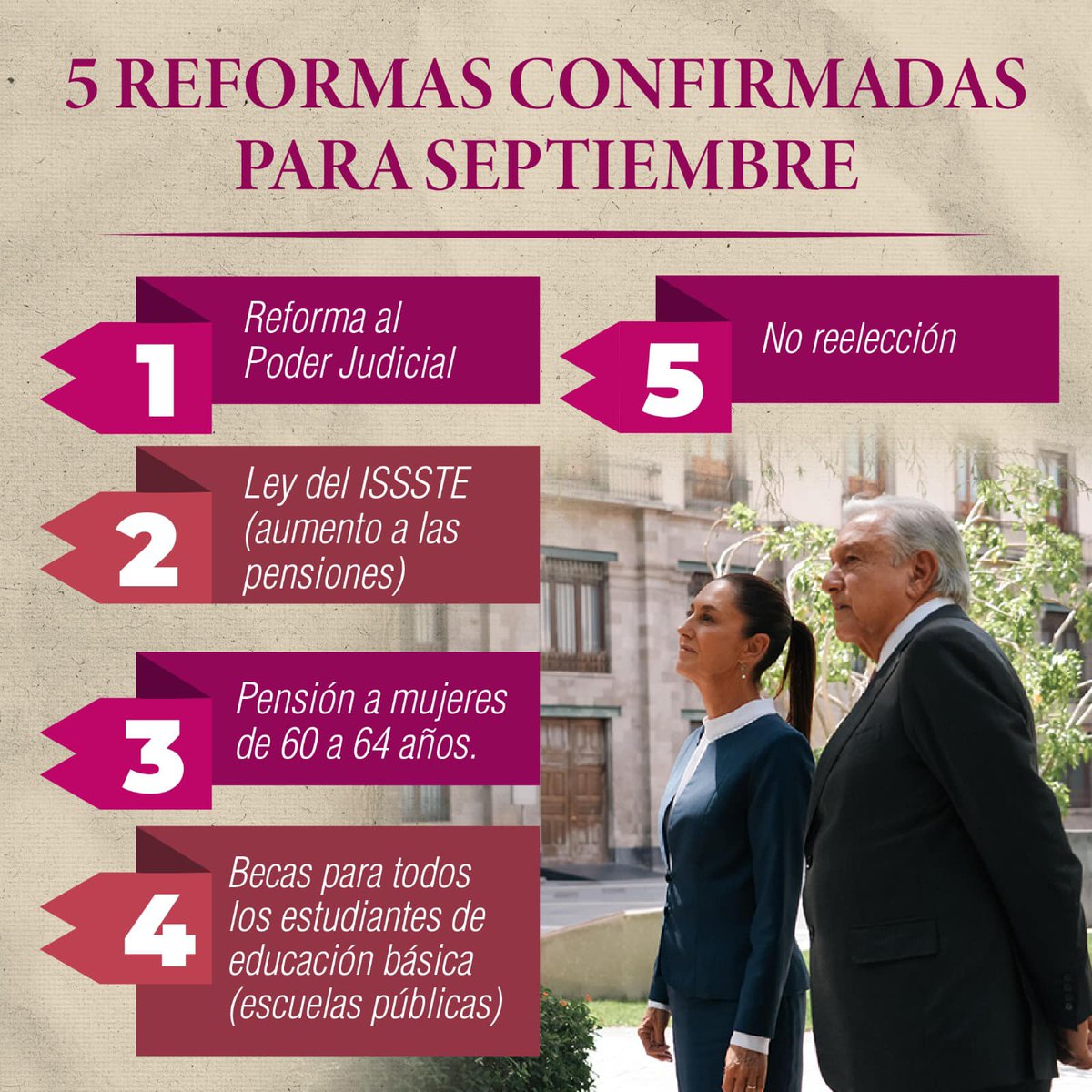 Derivado de la reunión entre nuestra presidenta electa, la Dra. Claudia Sheinbaum y nuestro presidente López Obrador, ahora conocemos las 5 iniciativas de reforma confirmadas por ambos para el mes de septiembre.