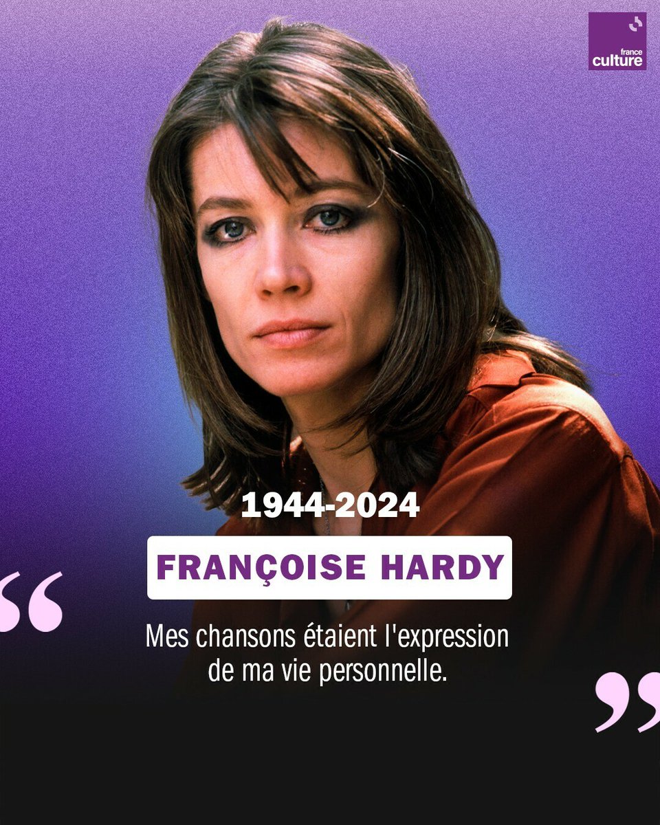 franceculture's tweet photo. Françoise Hardy, icône de la culture pop, est décédée à 80 ans. Elle a marqué la chanson française avec sa voix mélancolique et sa grâce. À travers cinq entretiens, elle retrace son enfance studieuse, son adolescence musicale et son succès fulgurant.
➡️ https://t.co/szIKks80WL https://t.co/YQOZEhVjbp
