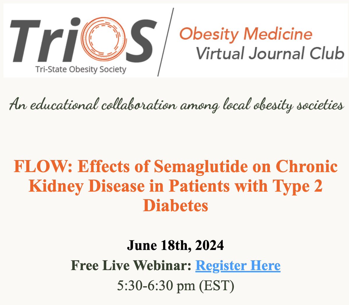 Beverly G. Tchang, MD (@bevtchangmd) on Twitter photo Excited to announce the inaugural #Obesity #Medicine #JournalClub launched by <a href="/tristateobesity/">Tri-state Obesity Society</a> 's VP <a href="/devika_md/">Devika Umashanker</a> and ft. <a href="/DrJayyy__/">Priya Jaisinghani, MD, DABOM</a> on 6/18 5:30-6:30PM ET
Register 👉us02web.zoom.us/webinar/regist…
#free #webinar Excited to announce the inaugural #Obesity #Medicine #JournalClub launched by <a href="/tristateobesity/">Tri-state Obesity Society</a> 's VP <a href="/devika_md/">Devika Umashanker</a> and ft. <a href="/DrJayyy__/">Priya Jaisinghani, MD, DABOM</a> on 6/18 5:30-6:30PM ET
Register 👉us02web.zoom.us/webinar/regist…
#free #webinar