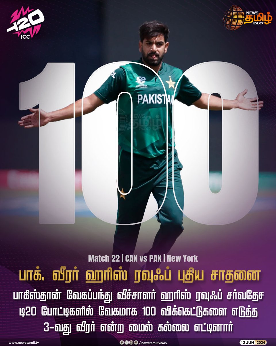 NewsTamilTV24x7's tweet photo. #T20WCUpdate | பாக். வீரர் ஹரிஸ் ரவுஃப் புதிய சாதனை
Click Link: https://t.co/5r0UhYUEfn
#NewsTamil24x7 | #HarisRauf | #CANvsPAK | #T20 | #T20WorldCup | #100Wickets | #MensCricket | #CricketWorldCup https://t.co/3k7Jmqpo0Y