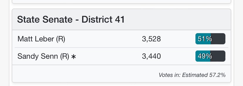 NickReaganLive5's tweet photo. #RaceAlert Leber has now taken the lead in Senate District 41 #chsnews #scvotes https://t.co/90c3eMS6bU