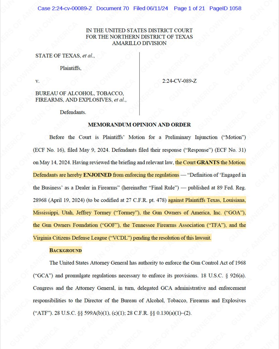 GunFoundation's tweet photo. 🚨BREAKING🚨

Judge Kacsmaryk has granted a Preliminary Injunction in GOF &amp; @GunOwners case against ATF’s “Engaged in the Business” rule. 

This PI completely prevents ATF from enforcing this rule against members of GOA, TFA, VCDL, and residents of TX, UT, LA, and MS. https://t.co/GTkwd6jGu3