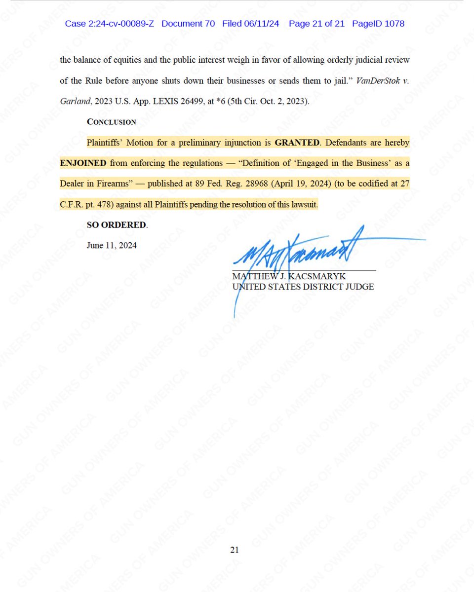GunFoundation's tweet photo. 🚨BREAKING🚨

Judge Kacsmaryk has granted a Preliminary Injunction in GOF &amp; @GunOwners case against ATF’s “Engaged in the Business” rule. 

This PI completely prevents ATF from enforcing this rule against members of GOA, TFA, VCDL, and residents of TX, UT, LA, and MS. https://t.co/GTkwd6jGu3
