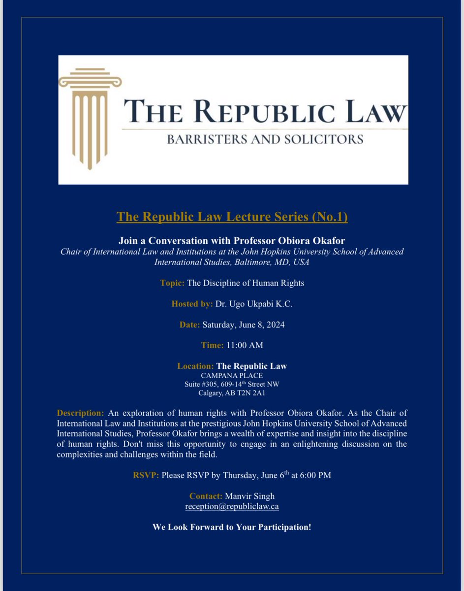 I was really pleased to deliver the inaugural lecture in the Republic Law Firm’s Lecture Series in Xalgary, Alberta, Canada. 

Thanks to Dr. Ugo Ukpabi, K.C., C. Dir for his kind invitation.