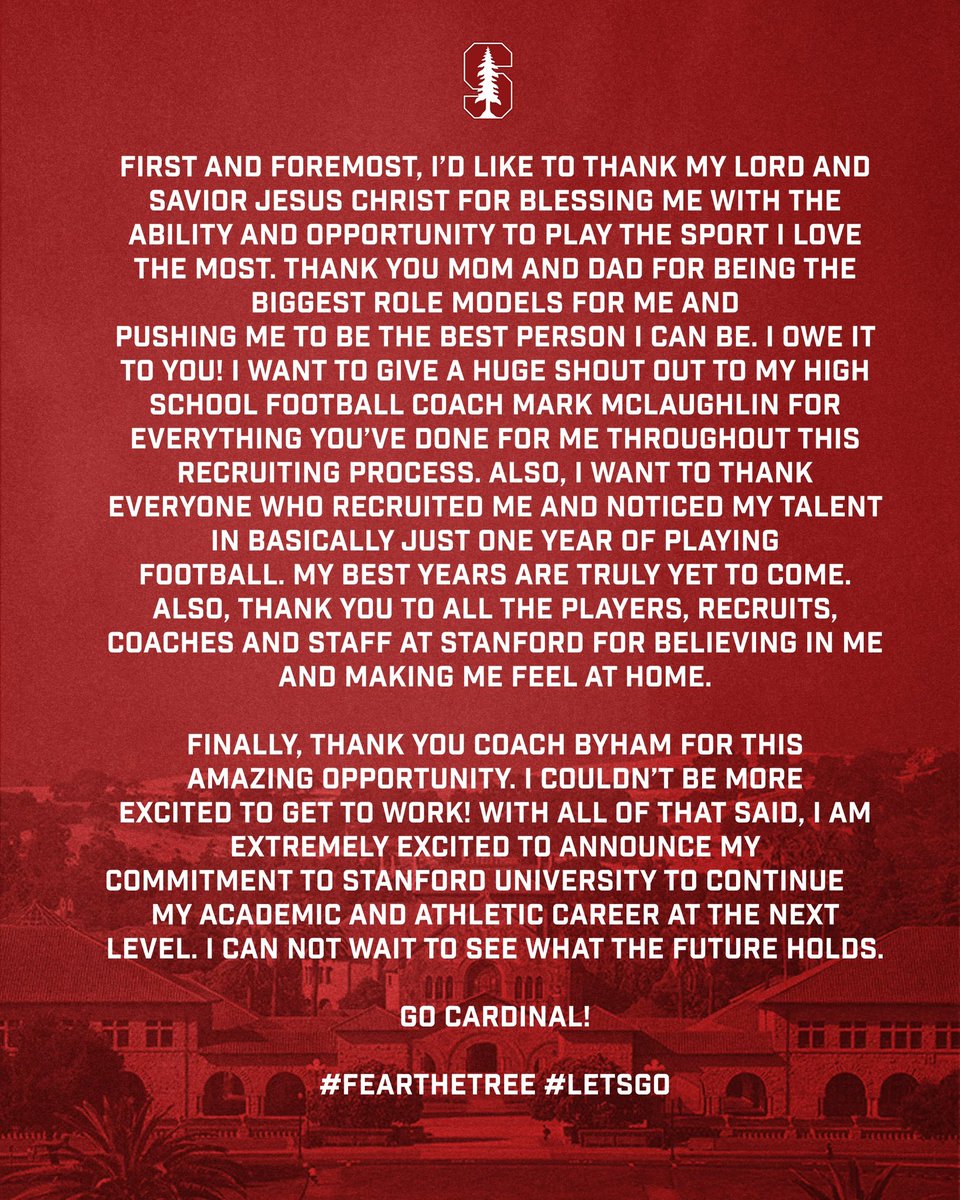Reiman Zebert (@reimanzebert527) on Twitter photo Beyond excited to announce my commitment to Stanford University!🔴🌲⚪️
Let’s gooo!!!
<a href="/CoachByham/">Nate Byham</a> <a href="/TroyTaylorStanU/">Troy Taylor</a> <a href="/CoachPehrson/">Coach Preston Pehrson</a>
<a href="/Mmclaughlin84/">Mark McLaughlin</a>
<a href="/CoachViane/">Viane Talamaivao</a> <a href="/Albert_GarciaFB/">Albert Garcia</a> <a href="/DylanJCruz_/">Dylan Cruz</a> <a href="/StanfordFBrec/">Stanford Elite</a> <a href="/StanfordFball/">Stanford Football</a> <a href="/Stanford/">Stanford University</a>
#GoCards #FearTheTree Beyond excited to announce my commitment to Stanford University!🔴🌲⚪️
Let’s gooo!!!
<a href="/CoachByham/">Nate Byham</a> <a href="/TroyTaylorStanU/">Troy Taylor</a> <a href="/CoachPehrson/">Coach Preston Pehrson</a>
<a href="/Mmclaughlin84/">Mark McLaughlin</a>
<a href="/CoachViane/">Viane Talamaivao</a> <a href="/Albert_GarciaFB/">Albert Garcia</a> <a href="/DylanJCruz_/">Dylan Cruz</a> <a href="/StanfordFBrec/">Stanford Elite</a> <a href="/StanfordFball/">Stanford Football</a> <a href="/Stanford/">Stanford University</a>
#GoCards #FearTheTree