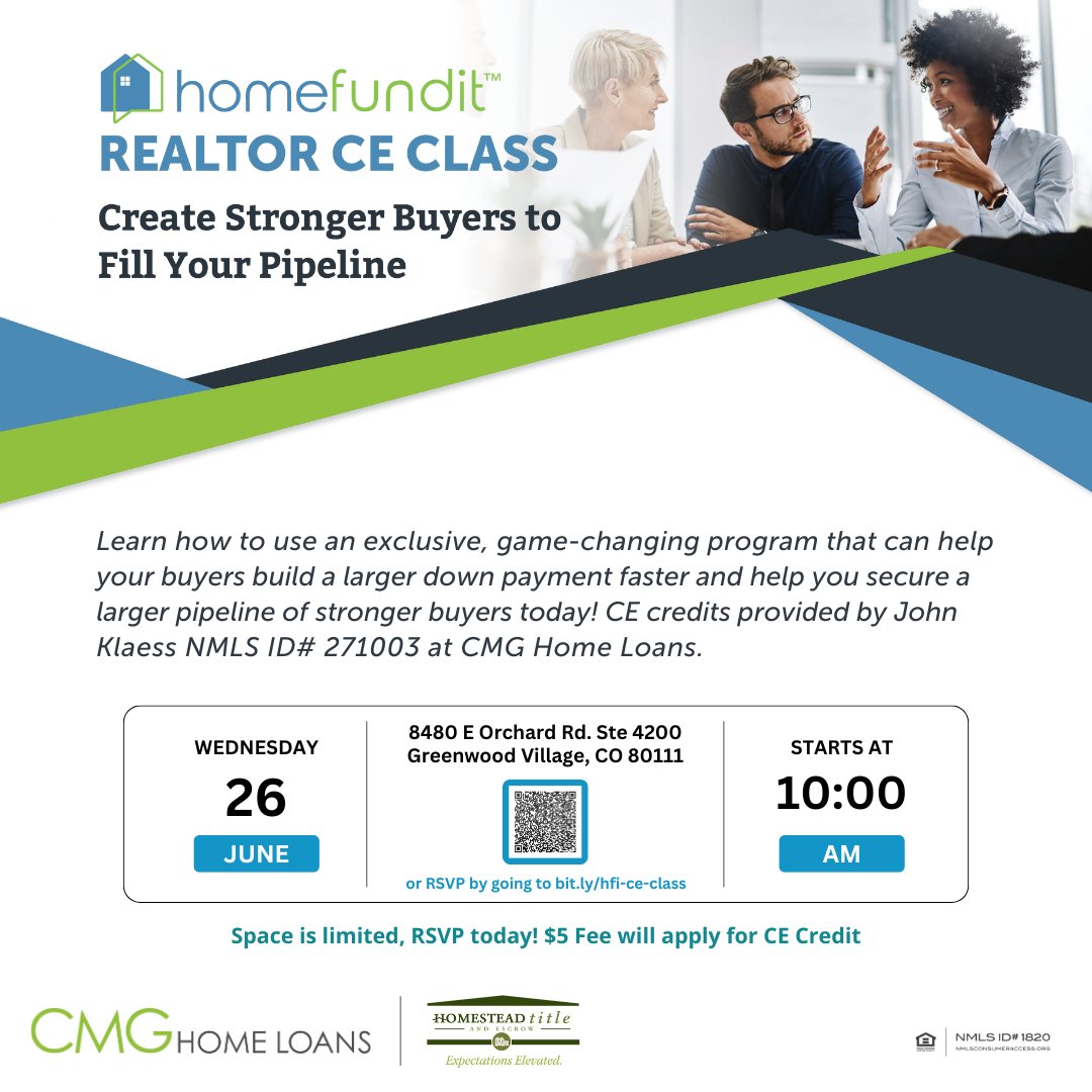 JohnKlaess's tweet photo. Join us for a HomeFundIt Realtor CE Class hosted by yours truly at Homestead Title and Escrow Wednesday June 26th starting at 10:00 AM! 🏡 ✨ Fill your pipeline with HomeFundIt Buyers! 👀

RSVP by QR Code or go to https://t.co/oqvCddaRgj!

#CORealEstate #HomesofColorado #COrealty https://t.co/Zr4yFNB5eM