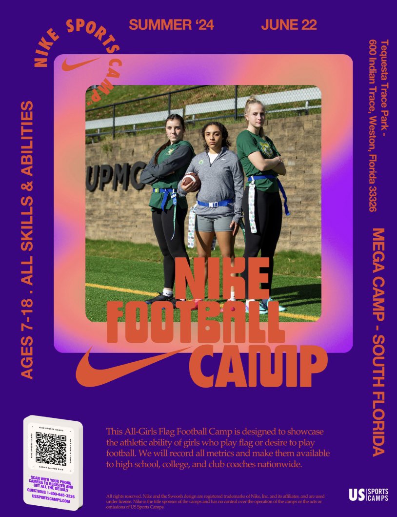 We are pushing 100 girls from the state of Florida requesting your attendance to eval their talent on June 22 in Weston Florida at the 👇

1st Nike Girls Flag Football Mega Camp

Powered by <a href="/NikeSportsCamp/">Nike Sports Camp</a> <a href="/ussportscamps/">US Sports Camps</a>  &amp; Atwon Chaney with The West Express!

DM me for itinerary