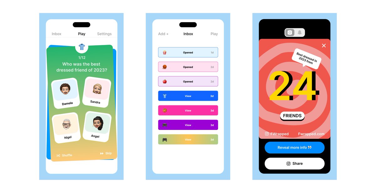 I don't usually write threads but I am looking for a new job with an amazing product team ASAP...

This year I worked on the design for Friendwrapped. We were tasked with a multitude of mobile designs - including the interface, user experience, interaction, copy.