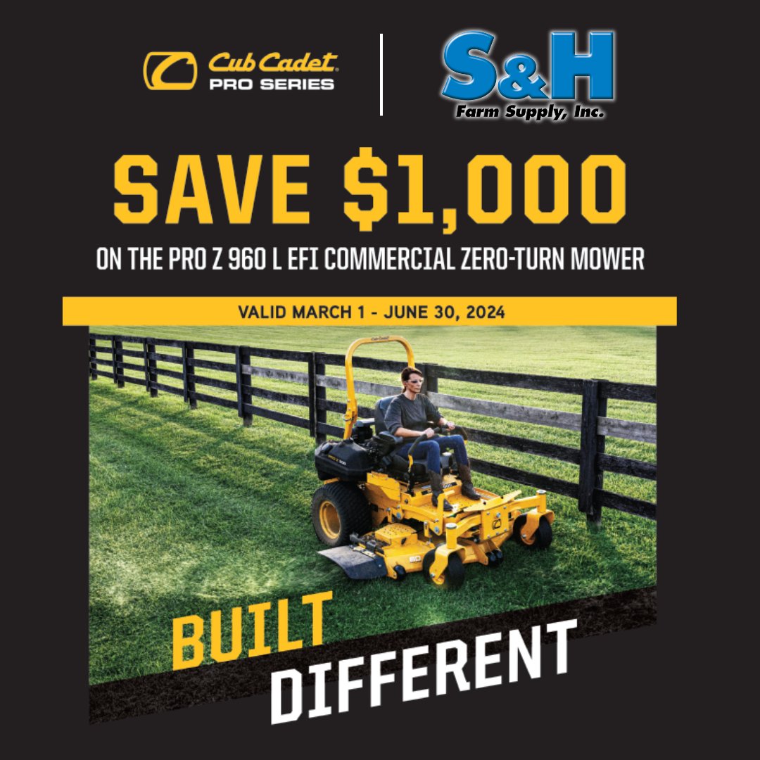 SandHFarmSupply's tweet image. Get $1000 Rebate on the Cub Cadet Pro Z 960L Zero Turns now through 6/30/24! ! Visit S&amp;amp;H to make the most of every job with its superior performance &amp;amp; cut quality!

#SandHCountry #Cubcadet #zeroturnmower #mower #rebate #specialoffer #cut
