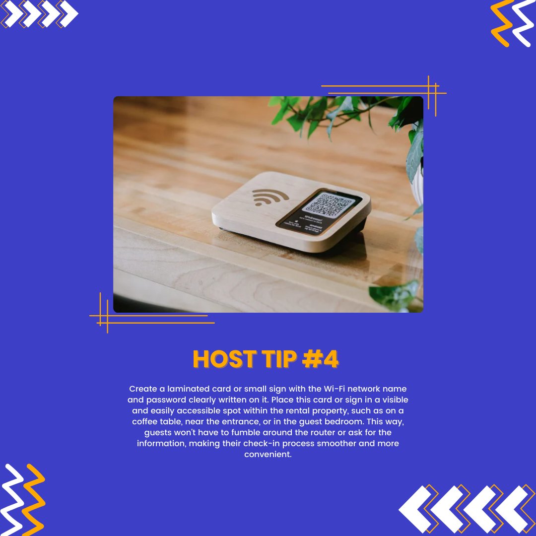 discoverBnB's tweet image. 🏠✨ Host Tip: Make Wi-Fi access easy for guests! Smooth check-ins, creates happy guests😊 #HostTips #AirbnbHost # Superhost #Airbnbhost #PropertymanagerSydney #Propertymanagement #GuestExperience #discoverbnb