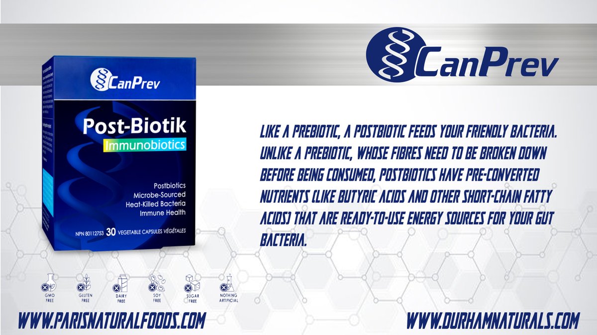 1500Paris's tweet photo. Like a prebiotic, a postbiotic feeds your friendly bacteria. Unlike a prebiotic, postbiotics have pre-converted nutrients that are ready-to-use energy sources for your gut bacteria. #canprev #parisnaturalfoods #durhamnaturalfoods https://t.co/DIzLV8x4JS