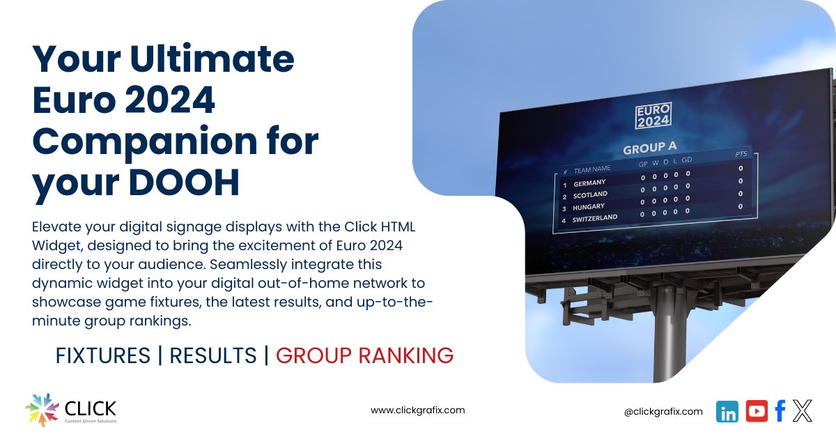 Don't Miss the Euro 2024 Action on Your Screens

- Group Rankings at a Glance:
- Customizable Backgrounds
- Flexible Screen Resolutions:
- Font Styling

For more information, please click on the link below:
shorturl.at/uClUY

#dooh #digitalsignage #euro2024