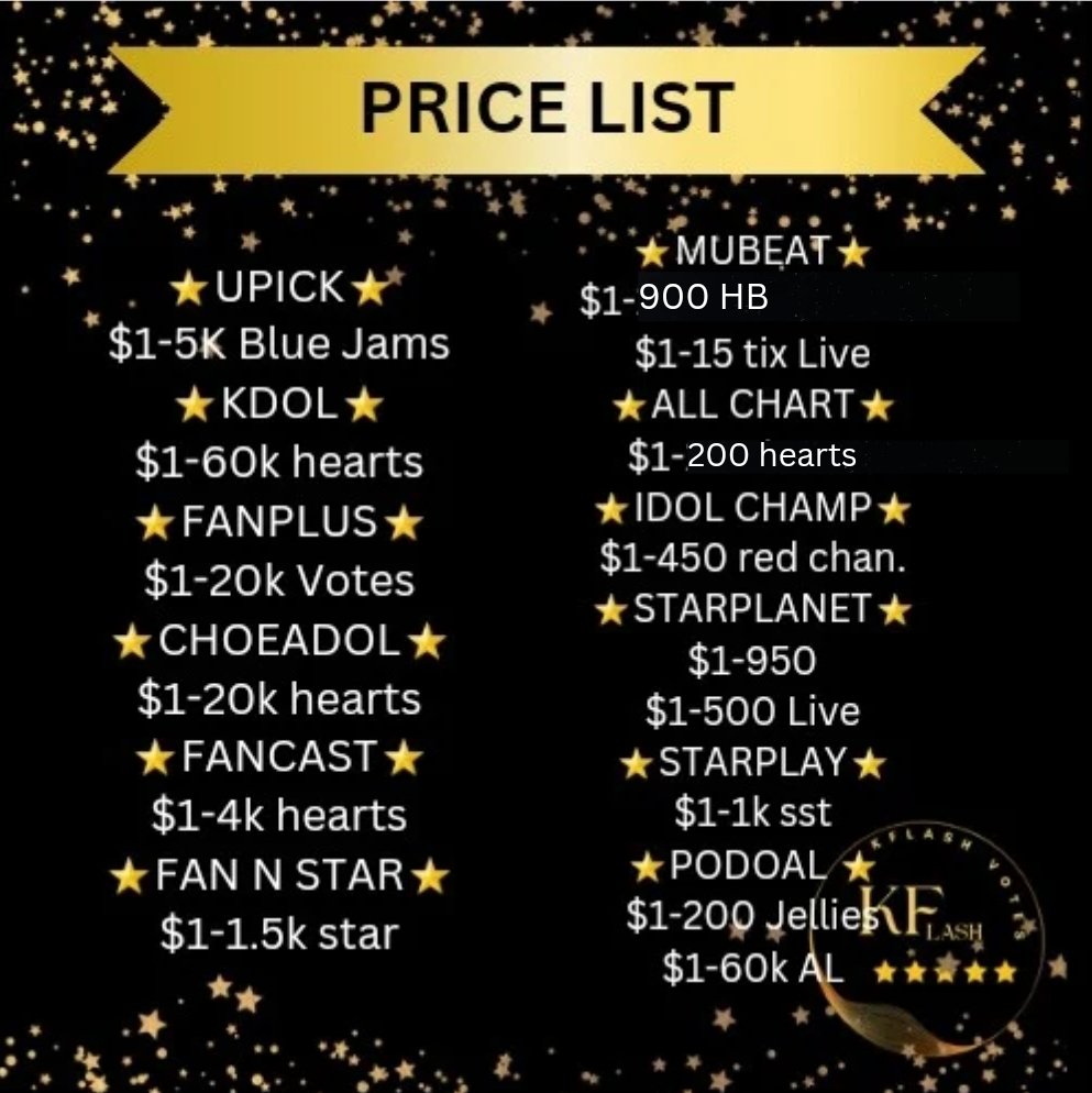 ⭐WTS || LBF K-pop Votes:

🏷Idolchamp, Star Play, UPick, Mubeat,  KDol,  FanPlus, Fancast, Starplanet, Fan N Star, All Chart and other apps.

DM to buy/inquire.
We are also open for reservations!  
MOP : GCash/Paypal
#KflashVotesPriceList