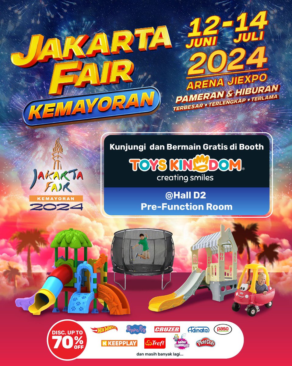 Datang ke booth Toys Kingdom di Jakarta Fair, bisa main GRATIS! 🥳 

Toys Kingdom ikut memeriahkan Jakarta Fair Kemayoran dengan DISKON hingga 70%, lho. 

Datang ke Hall D2, Pre-Function Room, selama tanggal 12 Juni hingga 14 Juli 2024 untuk menikmati semua keseruannya 🎉