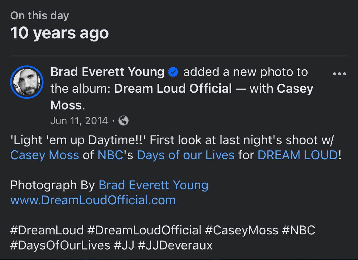 BradEYoung's tweet photo. I honestly can't believe this was 10 years ago @1CaseyMoss!!! Time FLIES I tell ya!
You were a part of #DreamLoudOfficial from the very beginning! Much appreciated good sir!
#CaseyMoss #JJDeveraux #Days #DaysOfOurLives
#BradEverettYoung @DaysPeacock https://t.co/9Upvhr2Cn0